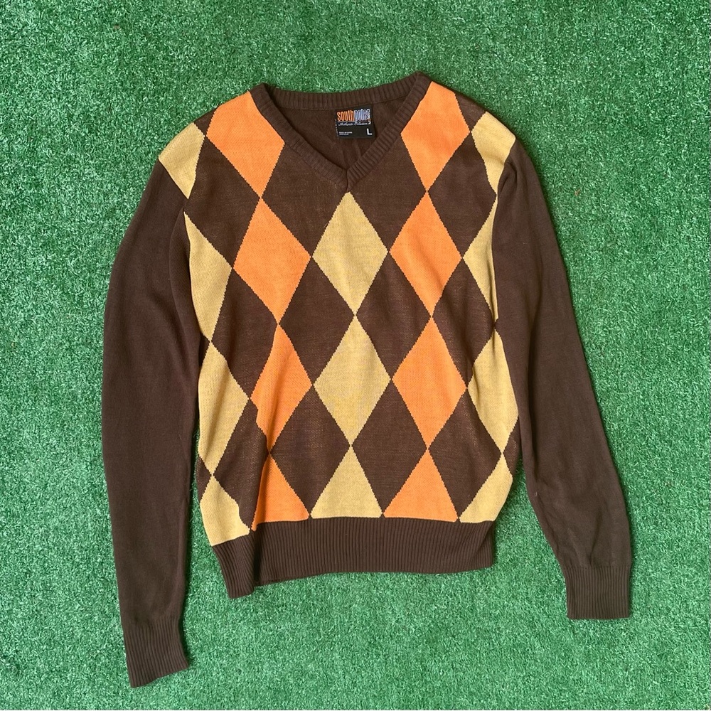 Vintage South Pole Brown Argyle V-Neck Sweater with Orange and Yellow Diamonds